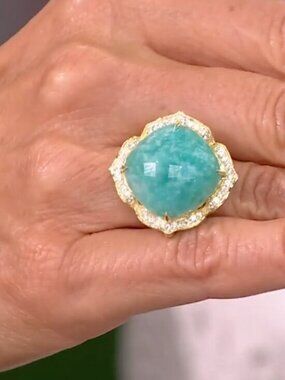 Rarities Carol Brodie Gold Plated Cushion Cut Amazonite and Zircon Ring 7 NWT